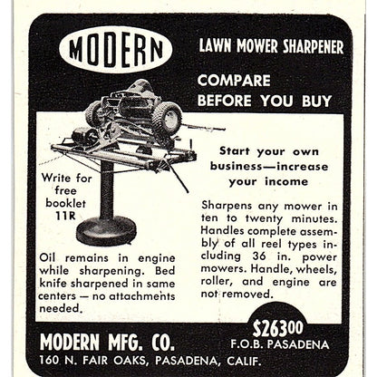 Modern Mfg Co Lawn Mower Sharpener Pasadena CA 1955 Ad AF9-M4