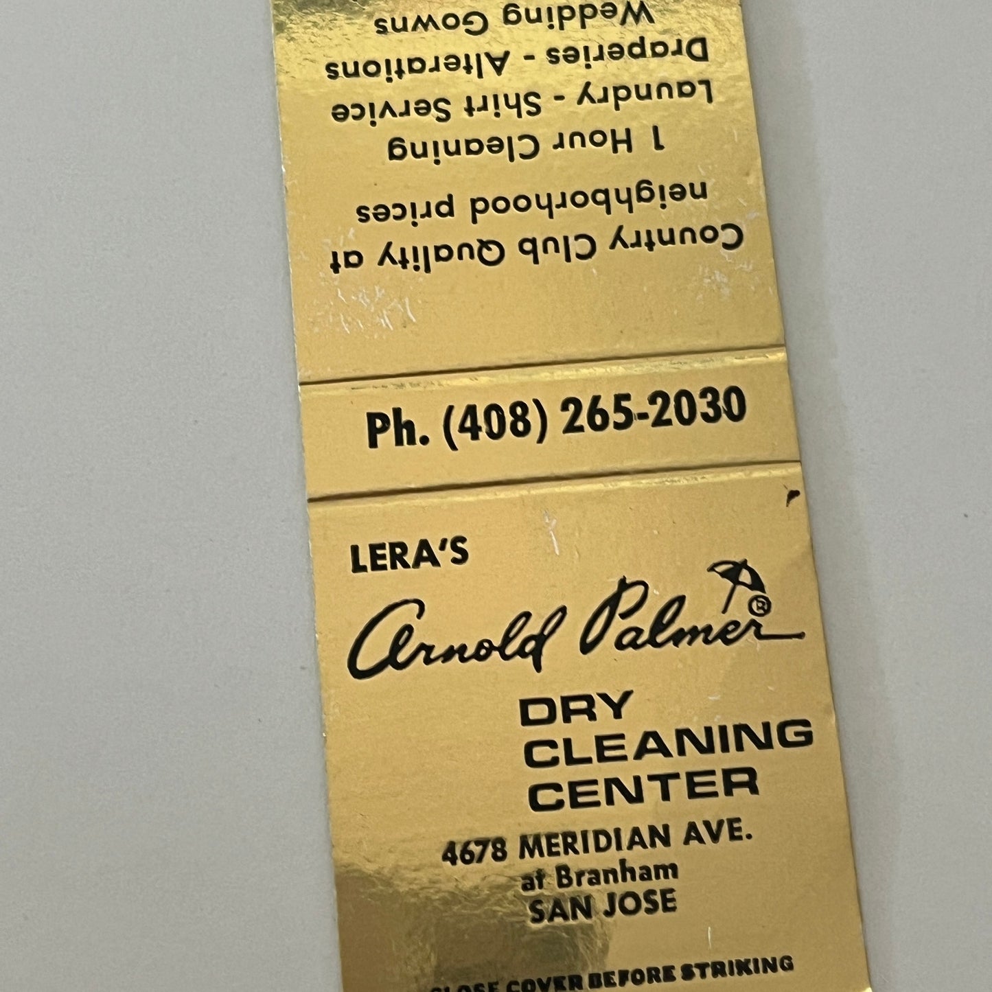 Lera's Arnold Palmer Dry Cleaning Center San Jose Vintage Matchbook TB6-MB2-4