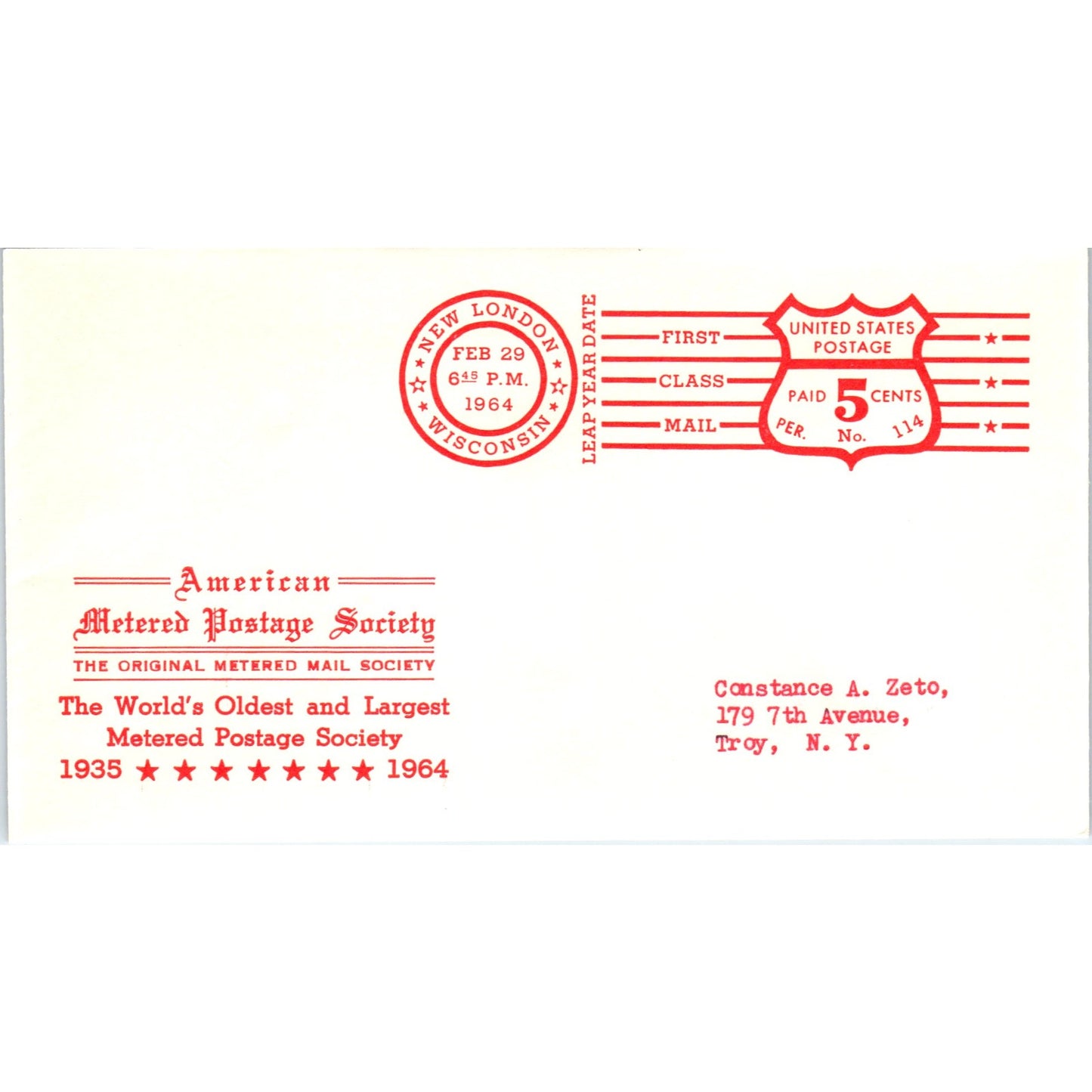 1964 American Metered Postage Society New London WI Postal Cover TI5-PC1