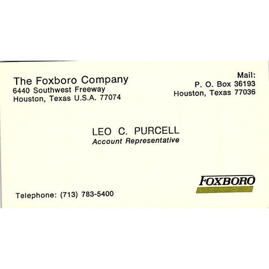 The Foxboro Company Leo C Purcell Houston Texas Vintage Business Card SB4-B9