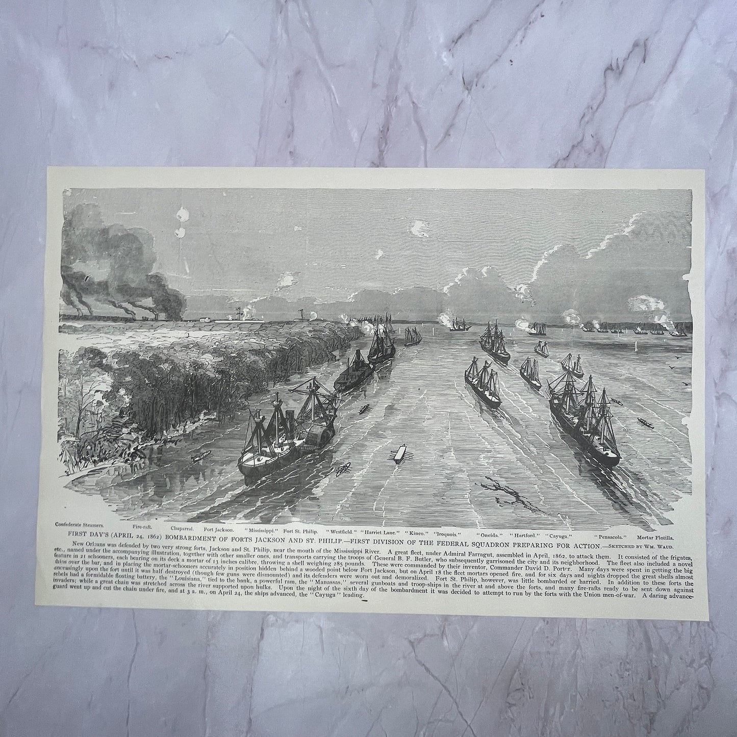 First Day's Bombardment of Forts Jackson and St. Philip 1890s Engraving V14-6