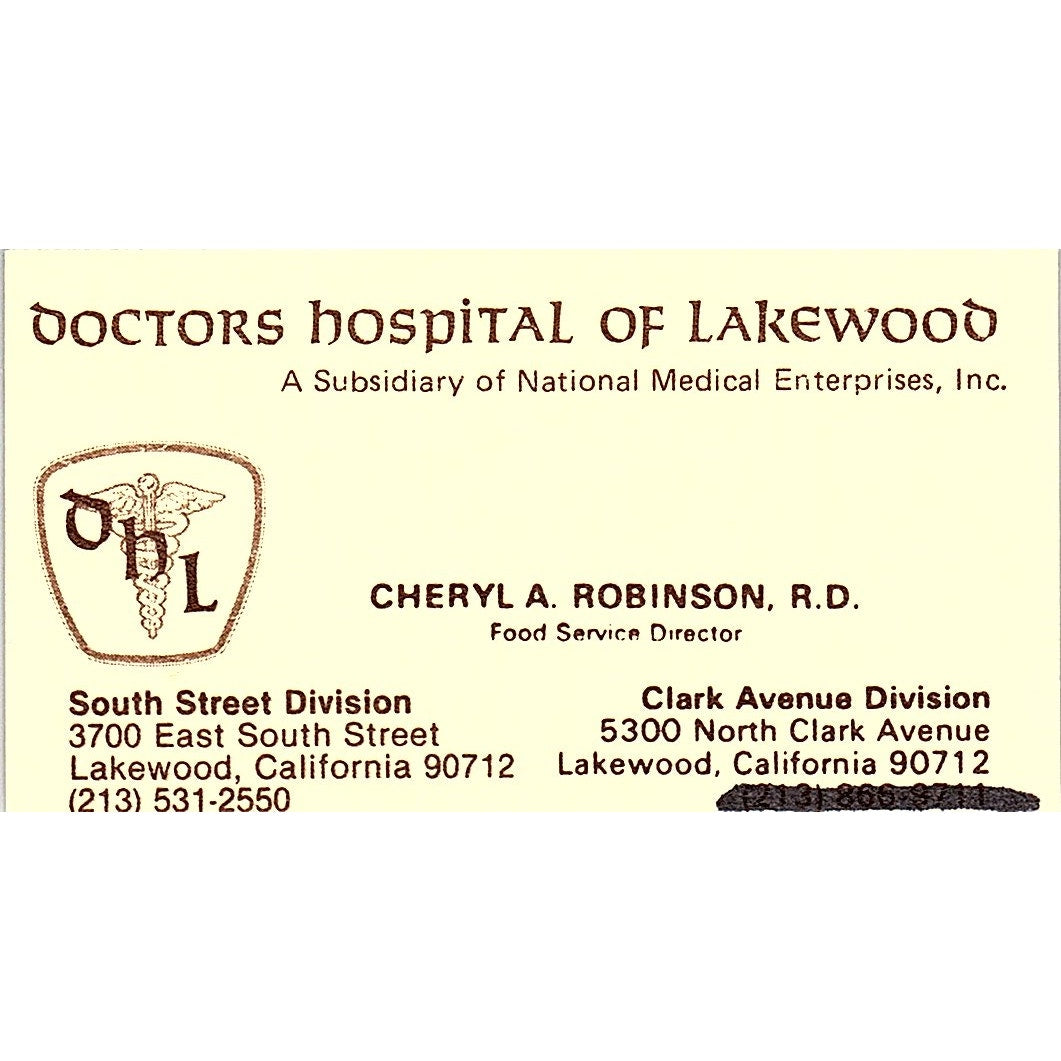 Doctors Hospital Of Lakewood Cheryl A. Robinson Lakewood CA Business Card SF3-B3