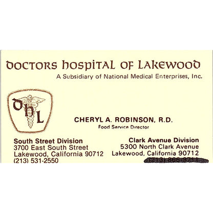 Doctors Hospital Of Lakewood Cheryl A. Robinson Lakewood CA Business Card SF3-B3