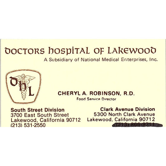 Doctors Hospital Of Lakewood Cheryl A. Robinson Lakewood CA Business Card SF3-B3