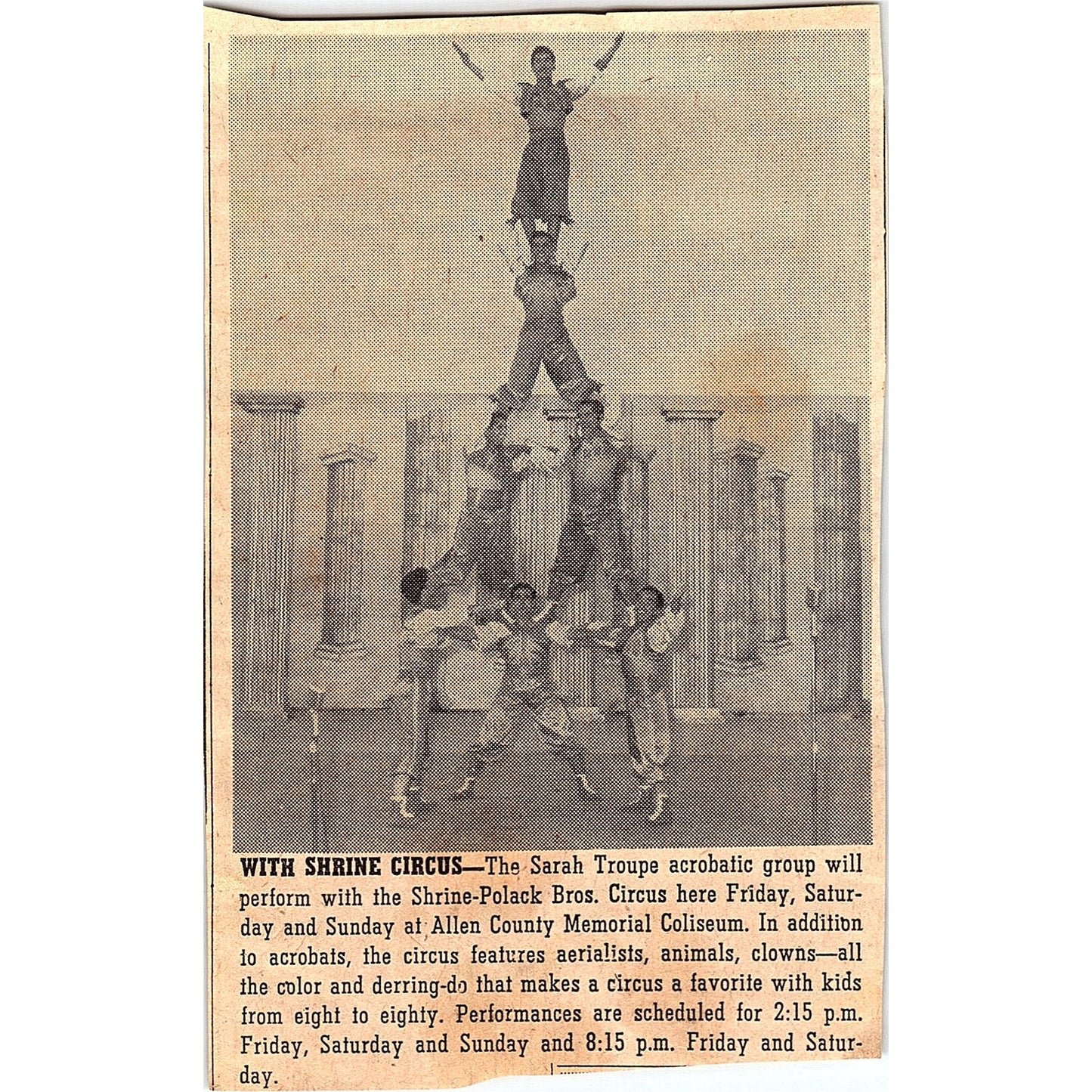 Sarah Troupe Acrobatic Group Shrine-Polack Bros Circus Fort Wayne IN c1964 AG1-9