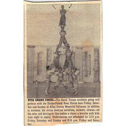 Sarah Troupe Acrobatic Group Shrine-Polack Bros Circus Fort Wayne IN c1964 AG1-9