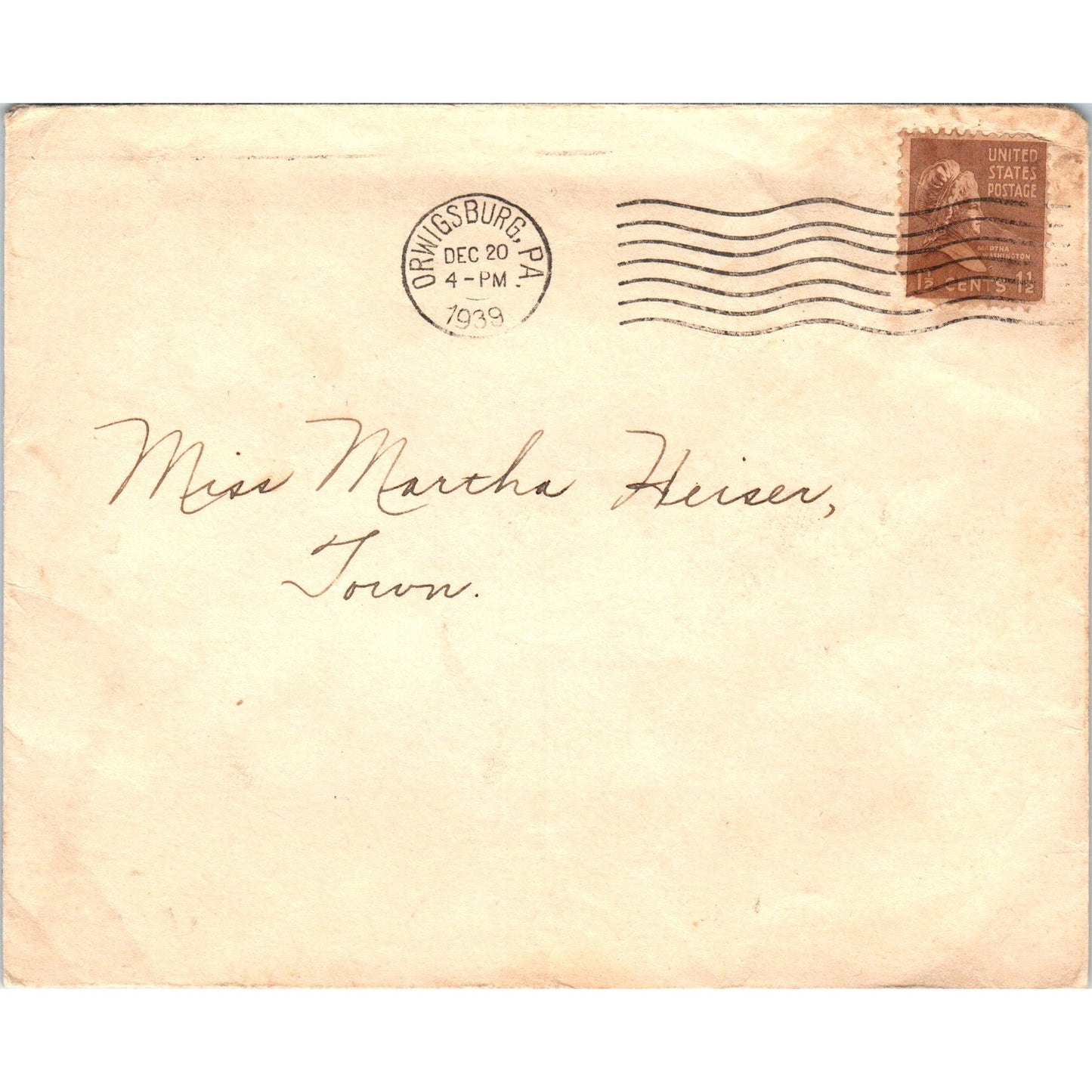 1939 Dec 20 Orwigsburg PA Martha Heiser Postal Cover Envelope TG7-PC3