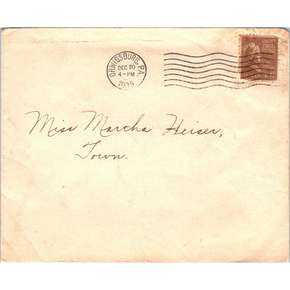 1939 Dec 20 Orwigsburg PA Martha Heiser Postal Cover Envelope TG7-PC3