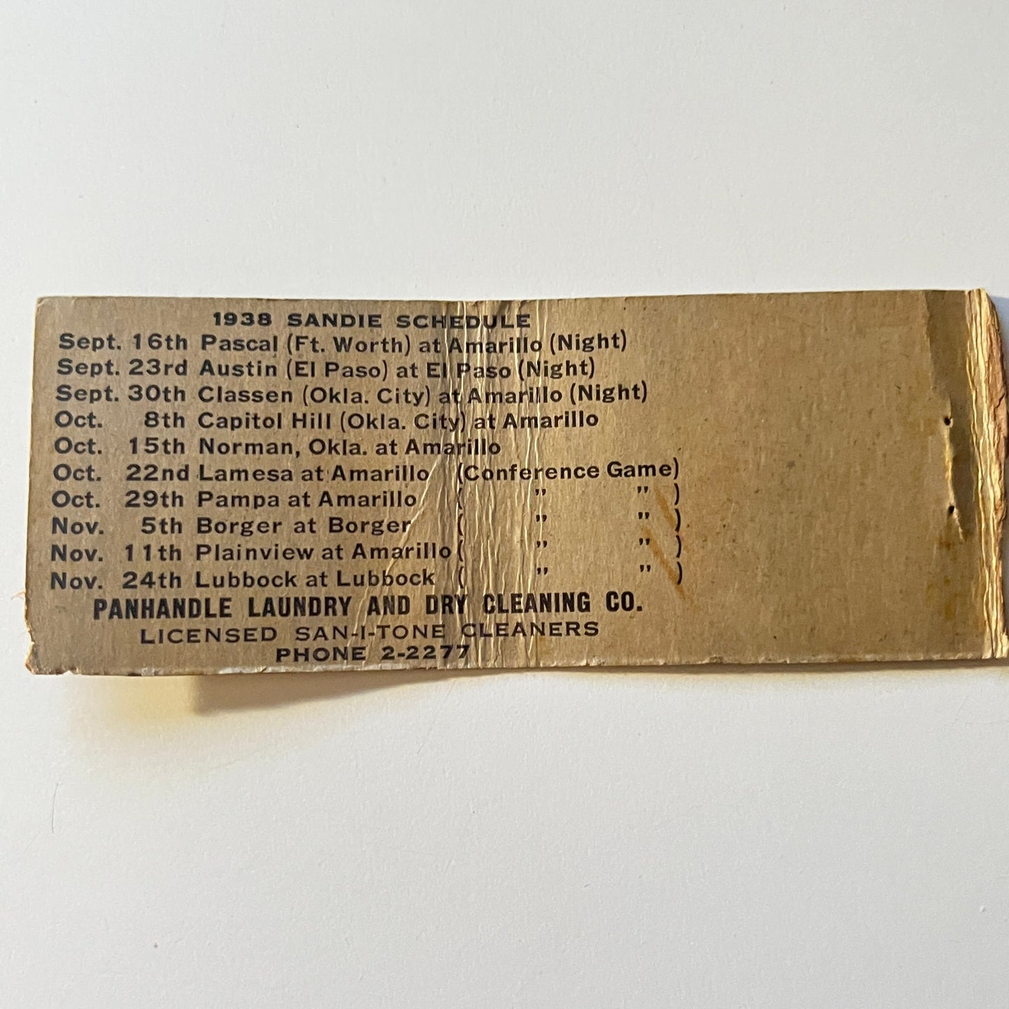 Amarillo TX High School Sandies Football 1938 Schedule Matchbook Cover MB111-6