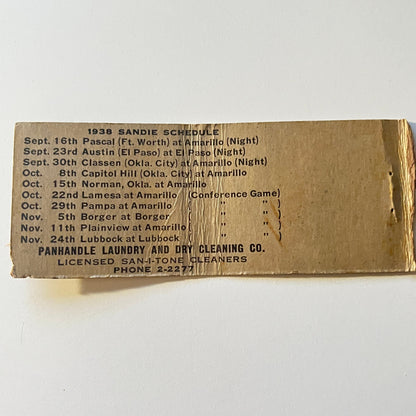 Amarillo TX High School Sandies Football 1938 Schedule Matchbook Cover MB111-6