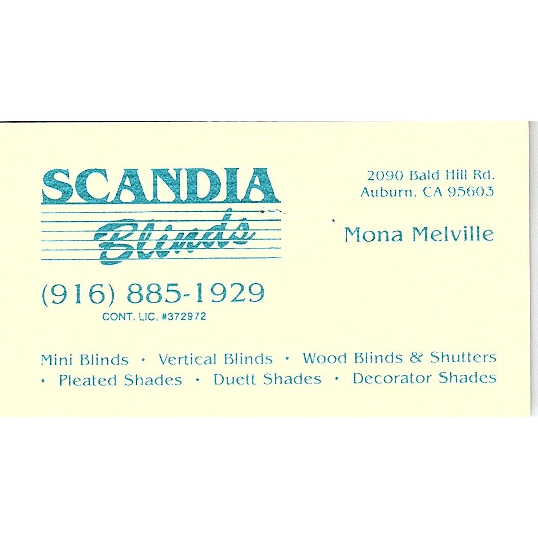 Mona Melville Scandia Blinds Auburn CA Vintage Business Card SC9-B1
