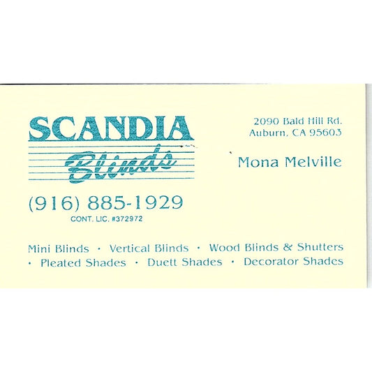 Mona Melville Scandia Blinds Auburn CA Vintage Business Card SC9-B1