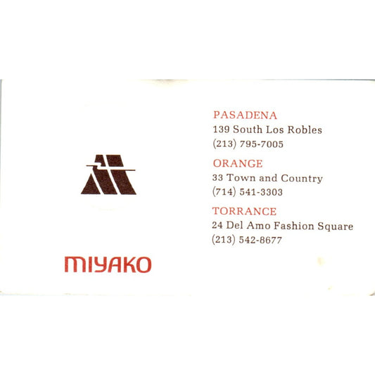 Miyako Japanese Restaurant Pasadena Orange Torrance CA Vtg Business Card SE3-B6