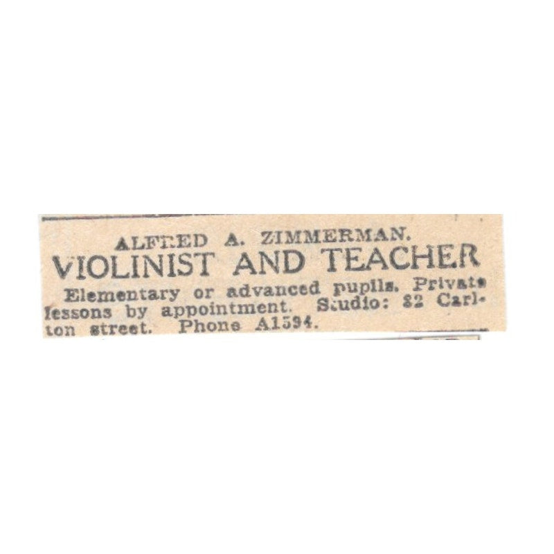 Alfred A Zimmerman Violinist and Teacher 32 Carlson St Winnipeg 1920 Ad AG2-S4