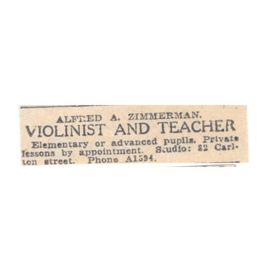 Alfred A Zimmerman Violinist and Teacher 32 Carlson St Winnipeg 1920 Ad AG2-S4