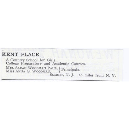 Kent Place Sarah Woodman Paul Anna S. Woodman Summit NJ c1918 Advert AE5-SA8