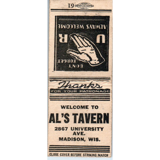 Al's Tavern Madison WI Pinup Vintage Matchbook Cover SD2-Y9