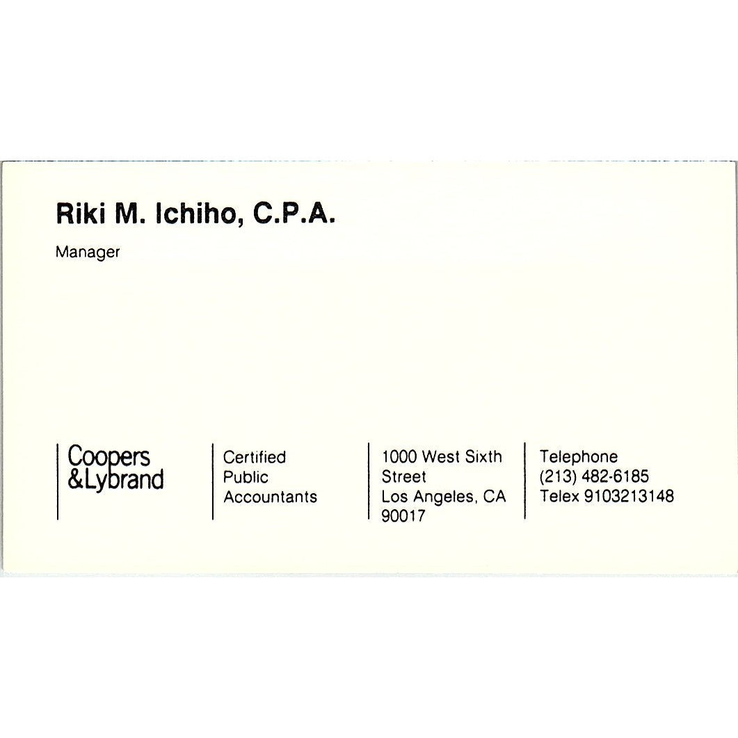 Riki M Ichiho Coopers & Lybrand CPA Los Angeles Vintage Business Card SD9-B1
