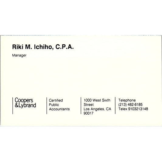 Riki M Ichiho Coopers & Lybrand CPA Los Angeles Vintage Business Card SD9-B1