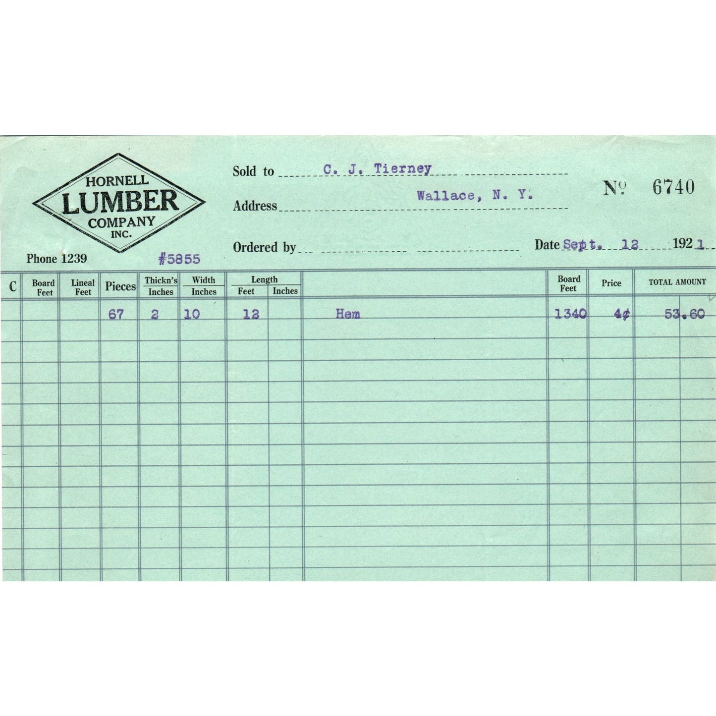 1921 Hornell Lumber Company Inc Billhead Letterhead D17-1