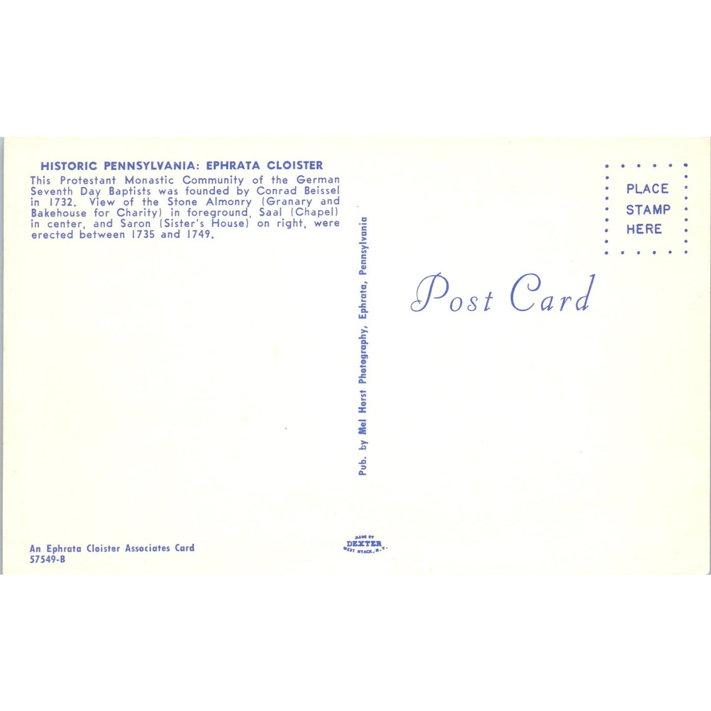 Protestant Monastic Community of German 7th Day Baptists PA Postcard PD4