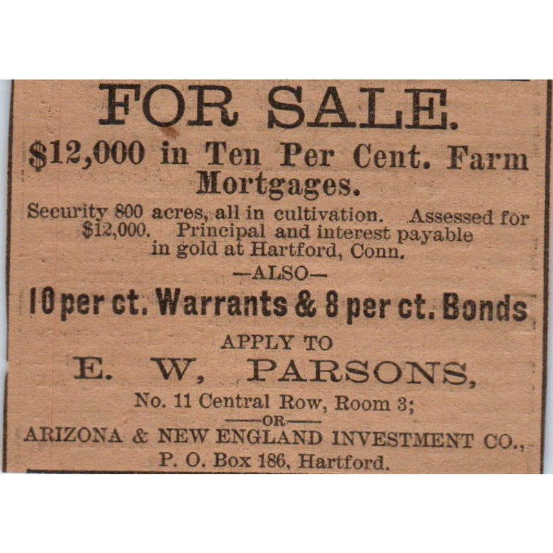 E.W. Parsons Farm Mortgages Hartford 1886 Newspaper Ad AF7-E5