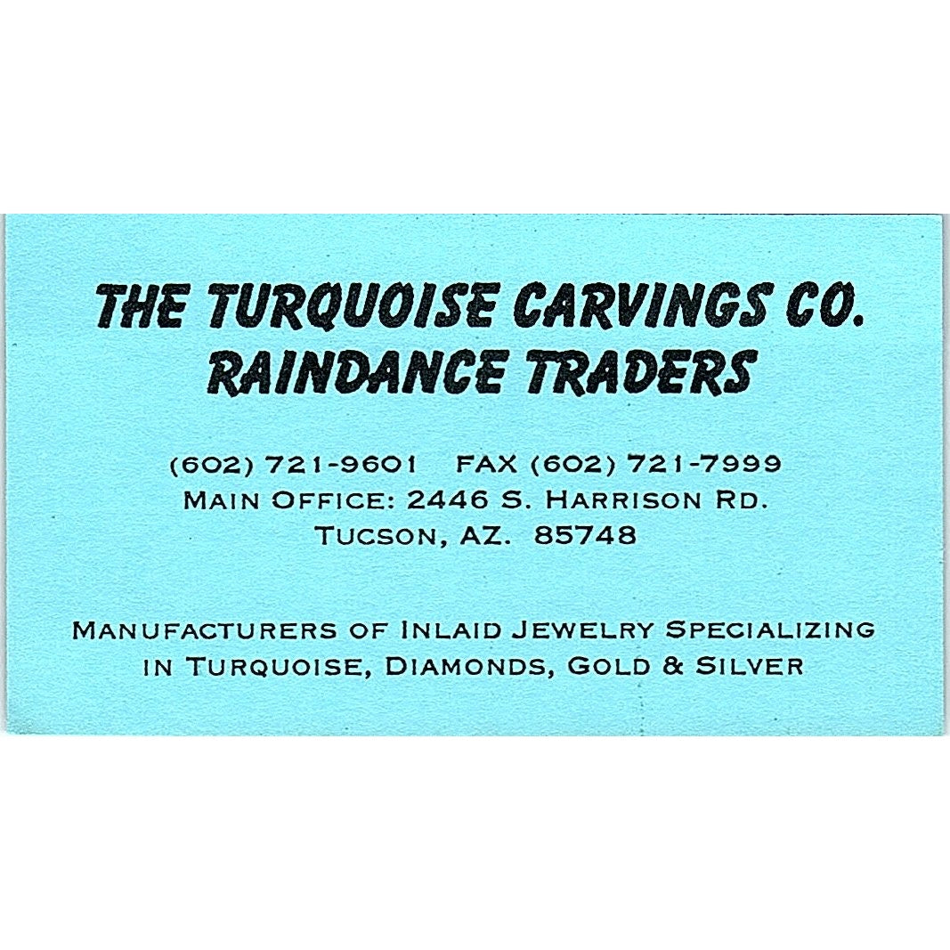 The Turquoise Carvings Co Raindance Traders Tucson AZ Vtg Business Card SD9-B14