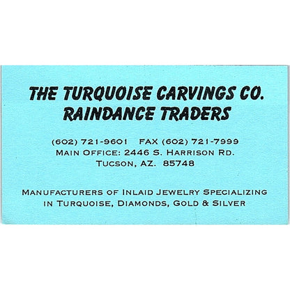 The Turquoise Carvings Co Raindance Traders Tucson AZ Vtg Business Card SD9-B14
