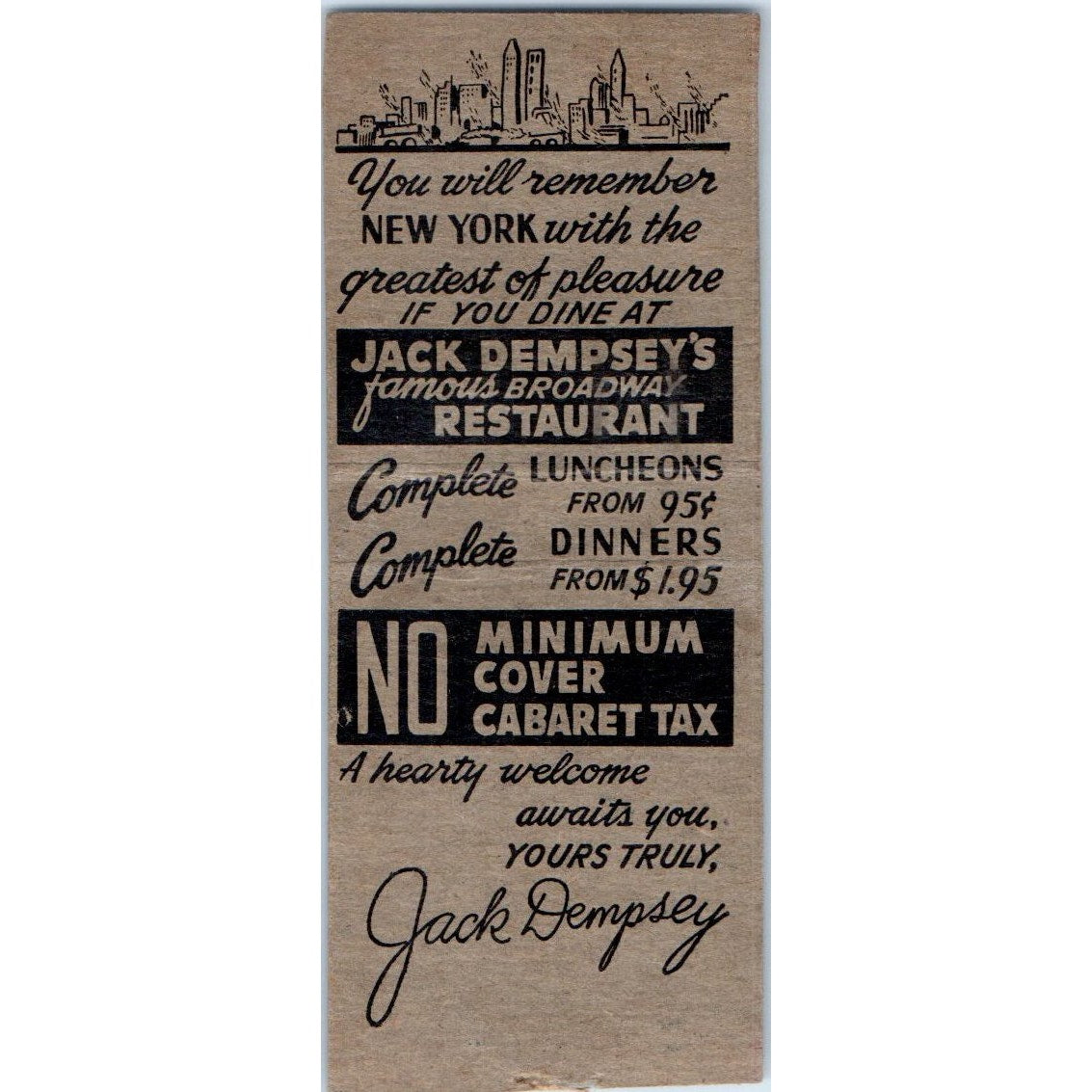 Jack Dempsey's Restaurant NY Jess Willard Comic Vintage Matchbook Cover SF4-Y4