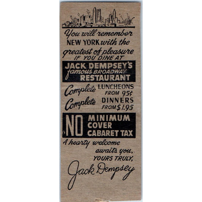Jack Dempsey's Restaurant NY Jess Willard Comic Vintage Matchbook Cover SF4-Y4