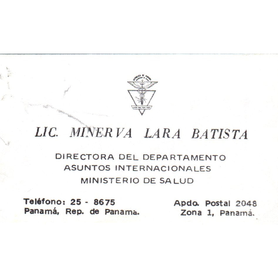 Lic. Minerva Lara Batista Ministerio De Salud Panama Vtg Business Card SD8-B16