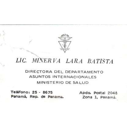 Lic. Minerva Lara Batista Ministerio De Salud Panama Vtg Business Card SD8-B16