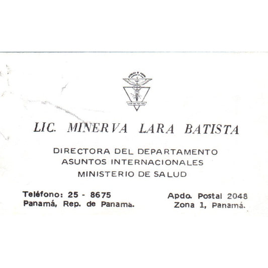 Lic. Minerva Lara Batista Ministerio De Salud Panama Vtg Business Card SD8-B16