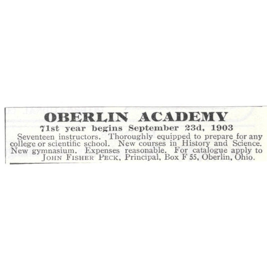 Oberlin Academy John Fisher Peck Oberlin Ohio 1903 Magazine Ad AF7-SS5