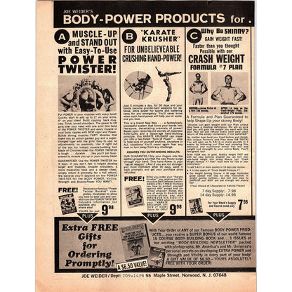 Body-Power Products Muscle Building Joe Weider Norwood NJ 1974 Ad AG1-10
