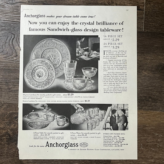 Anchorglass Anchor Hocking Sandwich-Glass Tableware Vtg Magazine Ad 10x14 V10