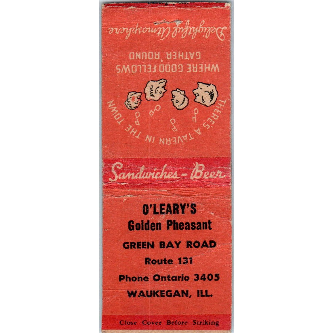 O'Leary's Golden Pheasant Waukegan IL Matchbook Cover SD2-Y15