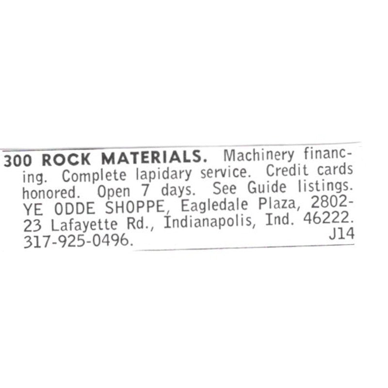 Ye Odde Shoppe 300 Rock Materials Indianapolis IN 1972 Ad AF8-S14