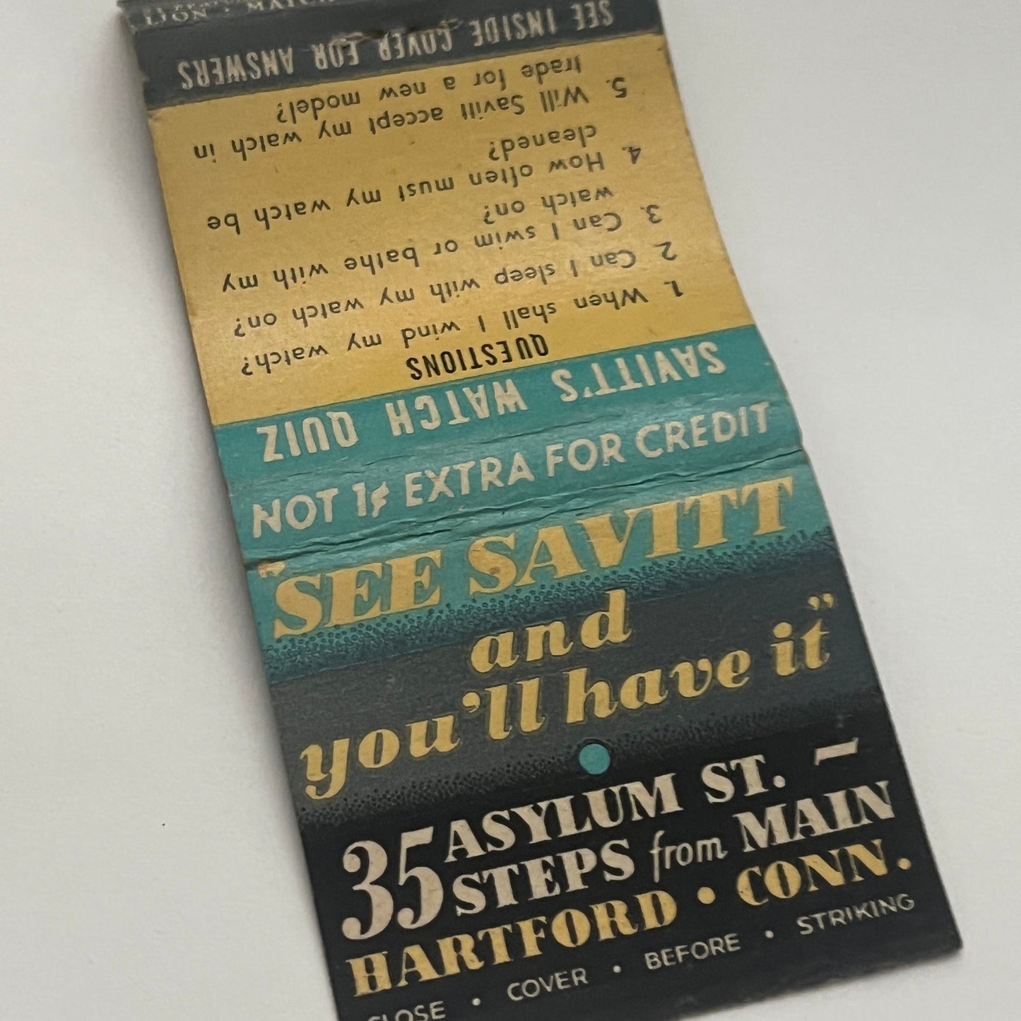 Savitt Jewelers 35 Asylum St. Hartford CT Vintage Matchbook Cover TB8-MB2-1