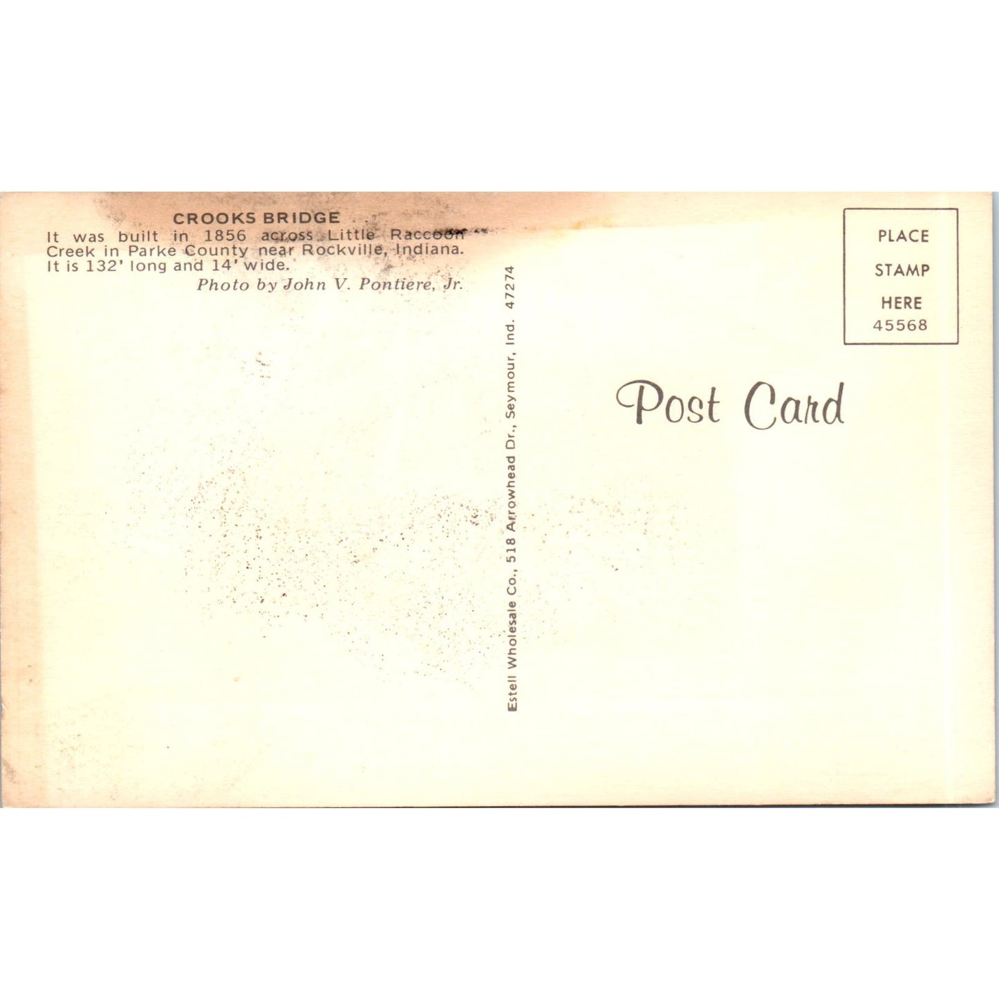 Crooks Bridge Parke County Rockville IN Vintage Covered Bridge Postcard PC15