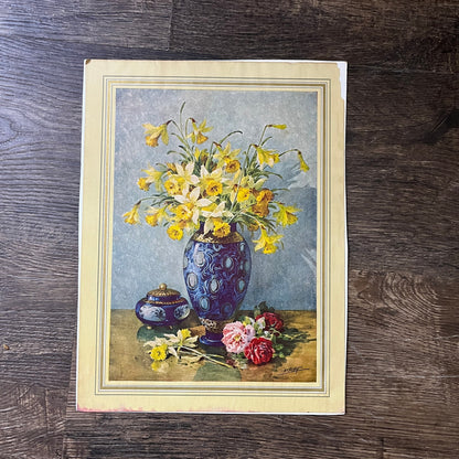 Daffodils in Blue Vase Still Life Lithograph Vintage Art Print 9x12 V5