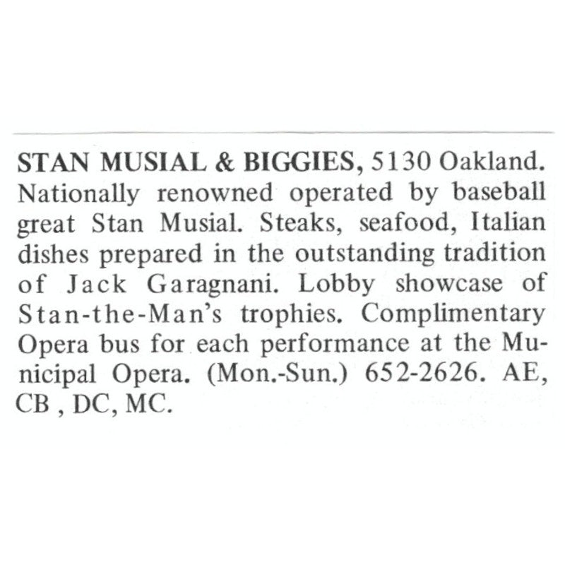 Stan Musial & Biggies Restaurant St. Louis 1971 Magazine Ad AD8-O1
