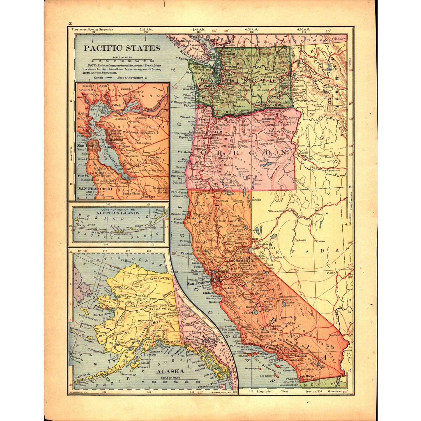 Map of USA Pacific States / Southern States 1901 Original Engraving V1-1