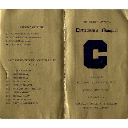 1941 Lettermen's Banquet Program Catholic Community Center Fort Wayne IN AB9