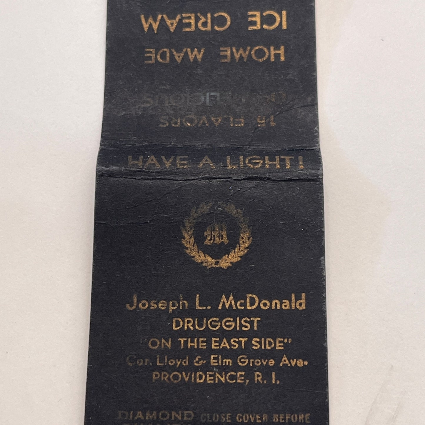 Joseph L McDonald Druggist Providence RI Vintage Matchbook Cover MM3-1