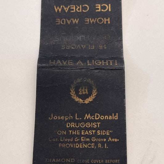 Joseph L McDonald Druggist Providence RI Vintage Matchbook Cover MM3-1