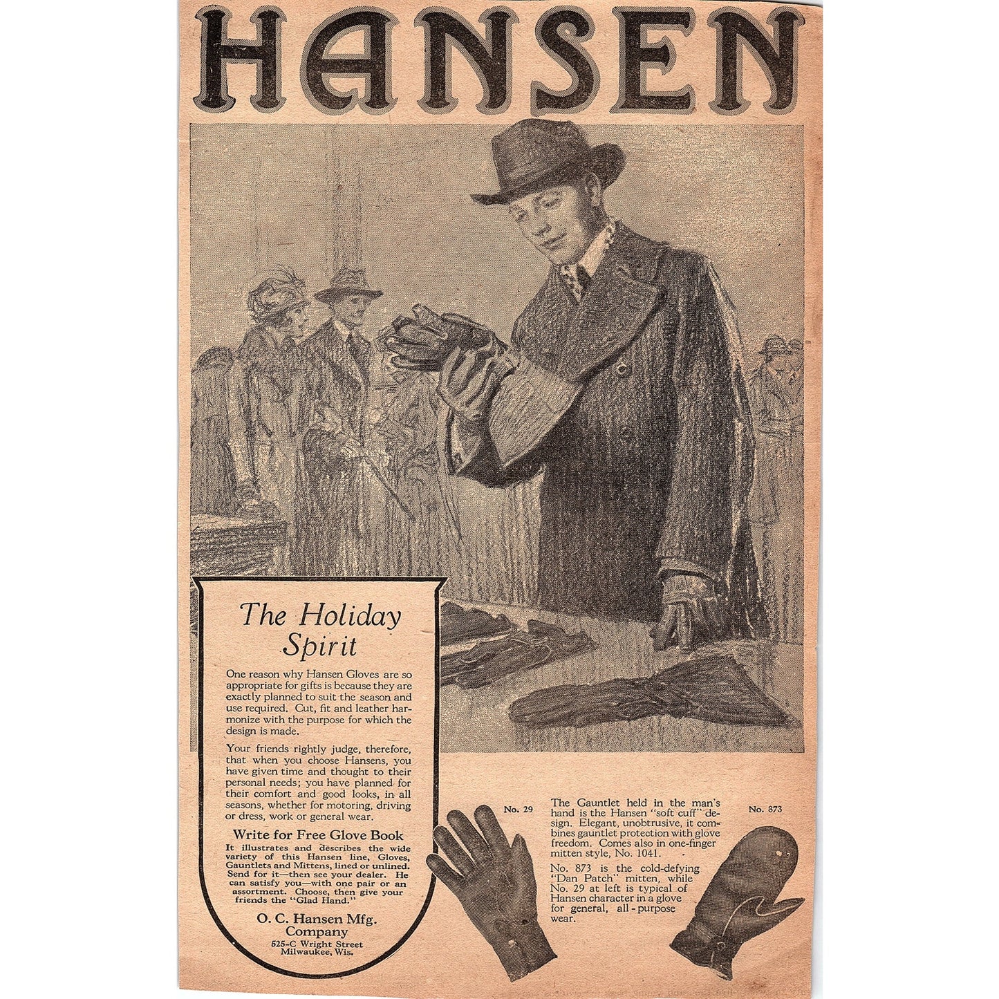 Hansen Gloves O.C. Hansen Mfg Co Milwaukee WI 1920 Ad AG2-6