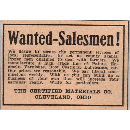 The Certified Materials Co Cleveland OH Salesmen Wanted 1922 Magazine Ad AF2-S8