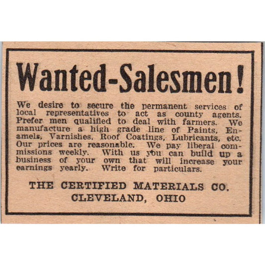 The Certified Materials Co Cleveland OH Salesmen Wanted 1922 Magazine Ad AF2-S8