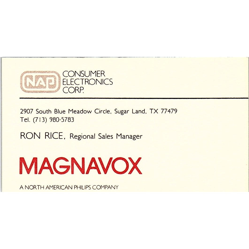 Ron Rice Magnavox Consumer Electronics Sugar Land Vintage Business Card SC9-B7
